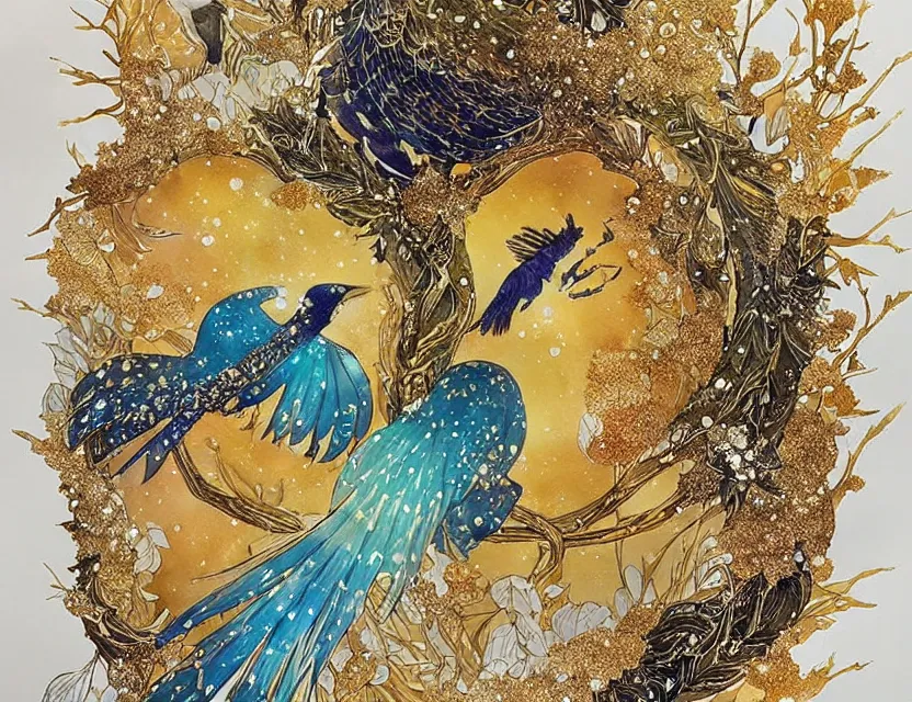 Prompt: magical bird in a crystal cave. this watercolor and gold leaf work by the award - winning mangaka has a beautiful composition and intricate details.