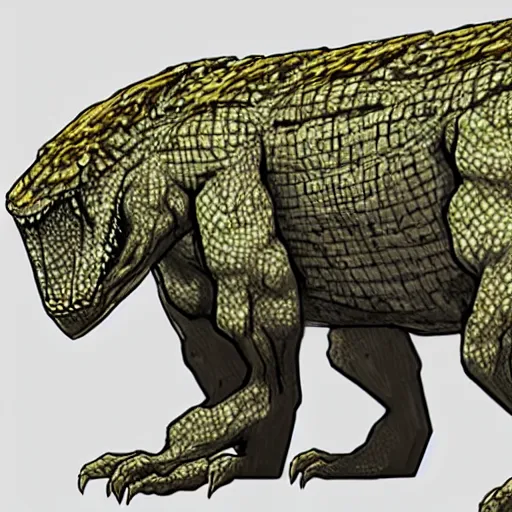 Image similar to GTA concept art, long shot view, SCP-682 is a large, vaguely reptile-like creature of unknown origin. SCP-682 has always been observed to have extremely high strength, speed, and reflexes, though exact levels vary with its form. SCP-682\'s physical body grows and changes very quickly, growing or decreasing in size as it consumes or sheds material. SCP-682 gains energy from anything it ingests, organic or inorganic. Digestion seems to be aided by a set of filtering gills inside of SCP-682\'s nostrils, which are able to remove usable matter from any liquid solution, enabling it to constantly regenerate from the acid it is contained in. SCP-682\'s regenerative capabilities and resilience are staggering, and SCP-682 has been seen moving and speaking with its body 87% destroyed or rotted.