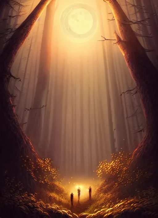 Image similar to fantasy book cover, full moon, fantasy forest landscape, golden elements, fantasy magic, dark light night, intricate, elegant, sharp focus, illustration, highly detailed, digital painting, concept art, matte, art by WLOP and Artgerm, Unsplash, masterpiece