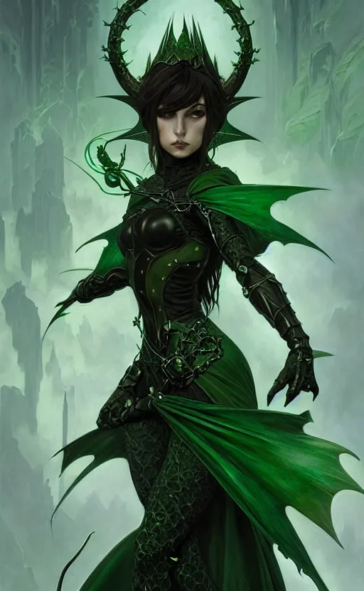 Prompt: Gothic elf princess in dark and green dragon armor, sci-fi, highly detailed, digital painting, artstation, concept art, smooth, sharp focus, illustration, art by artgerm and greg rutkowski and alphonse mucha