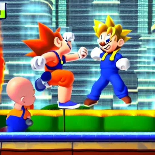 Prompt: goku hitting the whip while walter white and mr. incredible cook uncanny meth in super mario 6 4, official screenshot