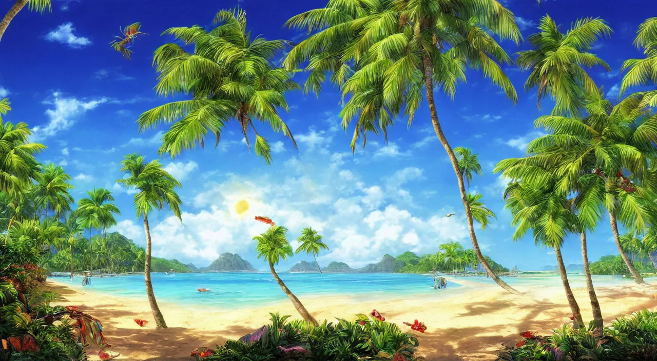 Prompt: Massive wallpaper of a tropical beach, award winning, digital art, unreal engine 5, incredible quality, 4k, by Robert McCall and Greg Ludkowski and Jim Burns