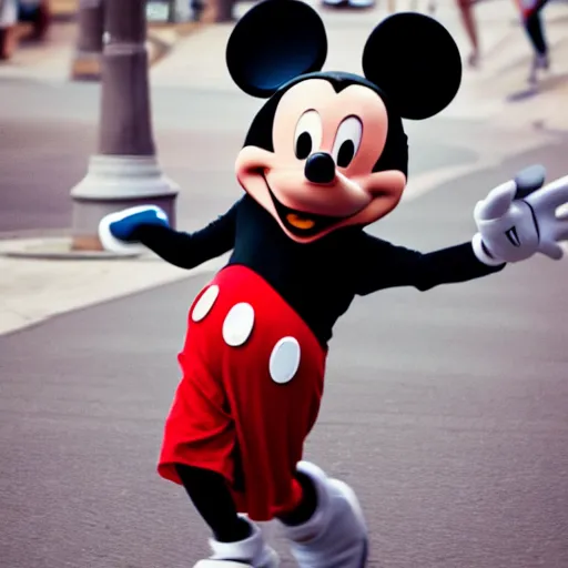 Image similar to Mickey mouse running through town scaring people, realistic, photograph