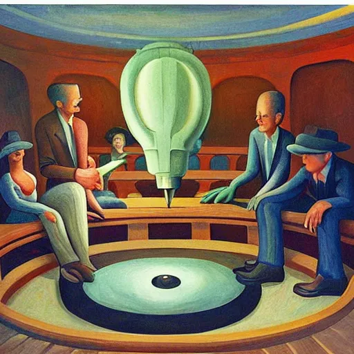 Image similar to deep sea scientists in a giant bathysphere, interior, fantastical, comedic, dystopian, grant wood, pj crook, edward hopper, oil on canvas