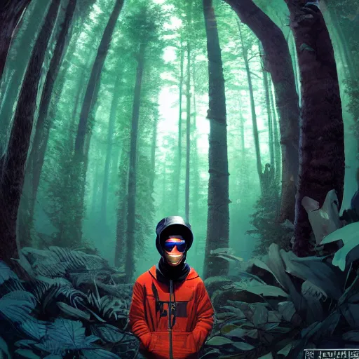 Prompt: in the style of ghostshrimp and deathburger and laurie greasley a young mixed race male explorer wearing a cyberpunk headpiece who is exploring in an enchanting and lush forest , low angle fish eye lens, highly detailed, 8k wallpaper