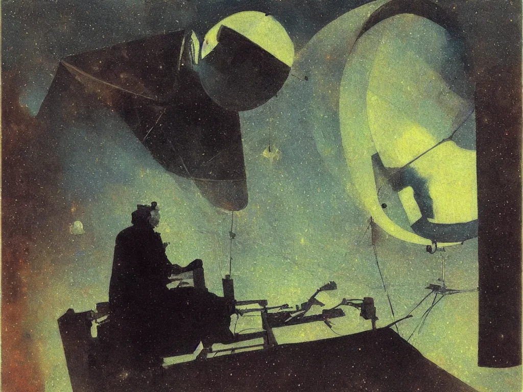 Image similar to painting by mikalojus konstantinas ciurlionis. portrait of astronomer asleep at the telescope. comet