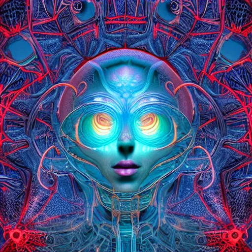 Image similar to Face of a Alien Deity, centered, corals with detailed circuits on it, plume made of geometry, extremly detailed digital painting, sharp focus in the style of android jones, artwork of a futuristic artificial intelligence superstar with frames made of detailed circuits, mystical colors, rim light, beautiful lighting, 8k, stunning scene, raytracing, octane, under water visual distortion, dark tones colors, trending on artstation