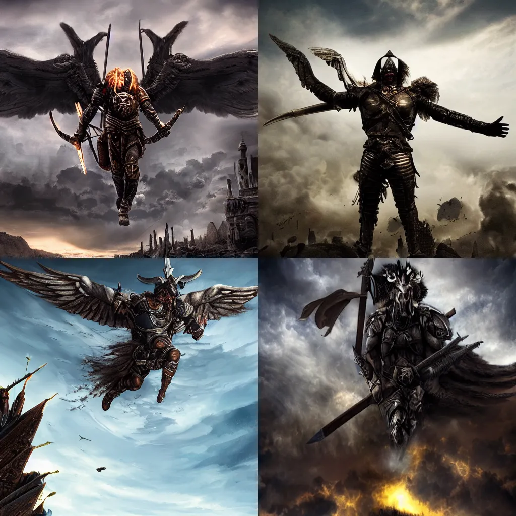 Prompt: ares flying with wings to the sky, apocalyptic, realistic, hd