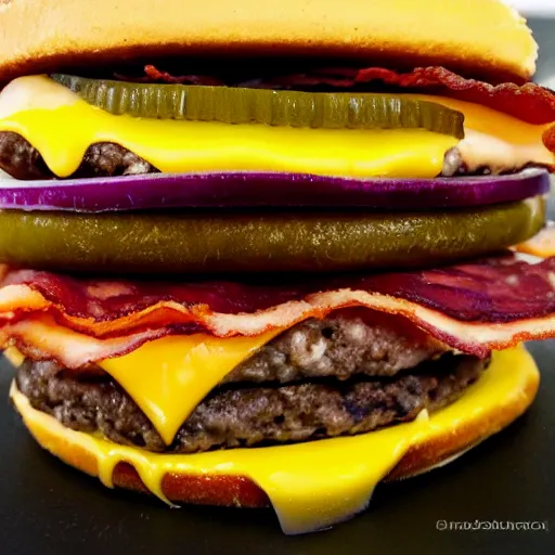 Prompt: 2 hamburger patties stacked on top of each other, medium well, slices of cheese, pickles, cheese, bacon melted