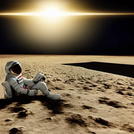 Image similar to an astronaut relaxing on the beach, dramatic lighting, cinematic, extremly high detail, photorealistic, cinematic lighting, nasa footage