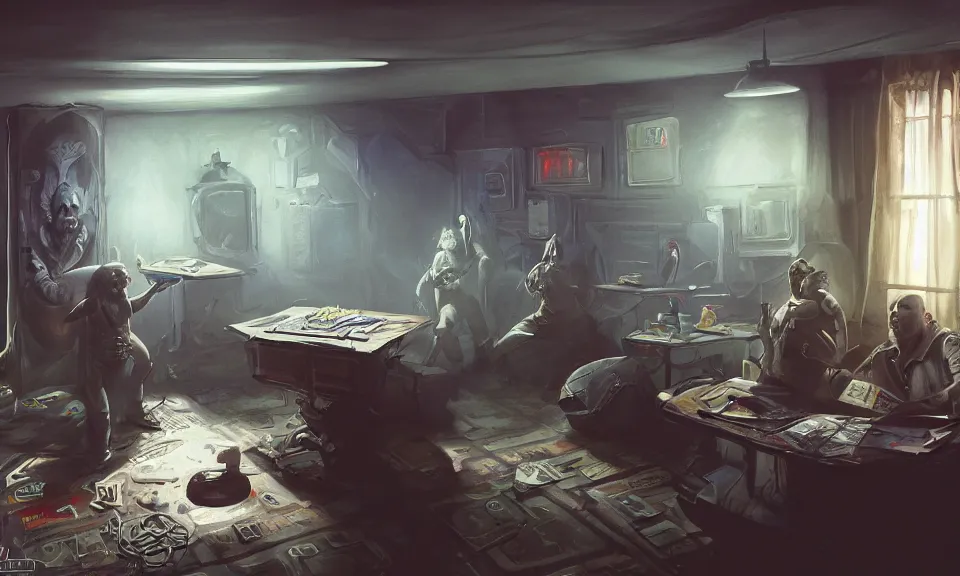 Prompt: artstation scifi scene of a shabby american room in 1 9 7 0 s, a fat boy plays dnd with ghost, unreal engine 5, hyper realism, realistic shading, cinematic composition, blender render, octane render, hdr, detailed textures, photorealistic, wide shot