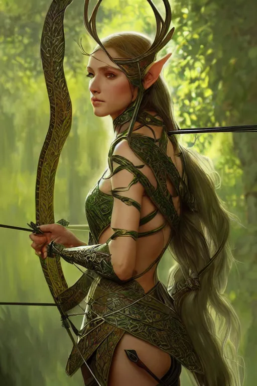 Image similar to male elven Archer armor made of green leaves, fantasy, amber eyes, face, long hair, intricate, elegant, highly detailed, digital painting, artstation, concept art, smooth, sharp focus, illustration, art by artgerm and greg rutkowski and alphonse mucha