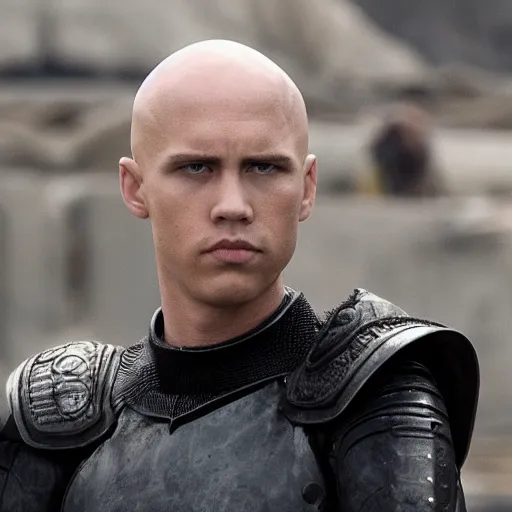 Prompt: Establishing shot of bald ominous brooding Austin Butler as Feyd-Rautha Harkonnen fighting duel in an arena, clear gaze, detailed eyes
