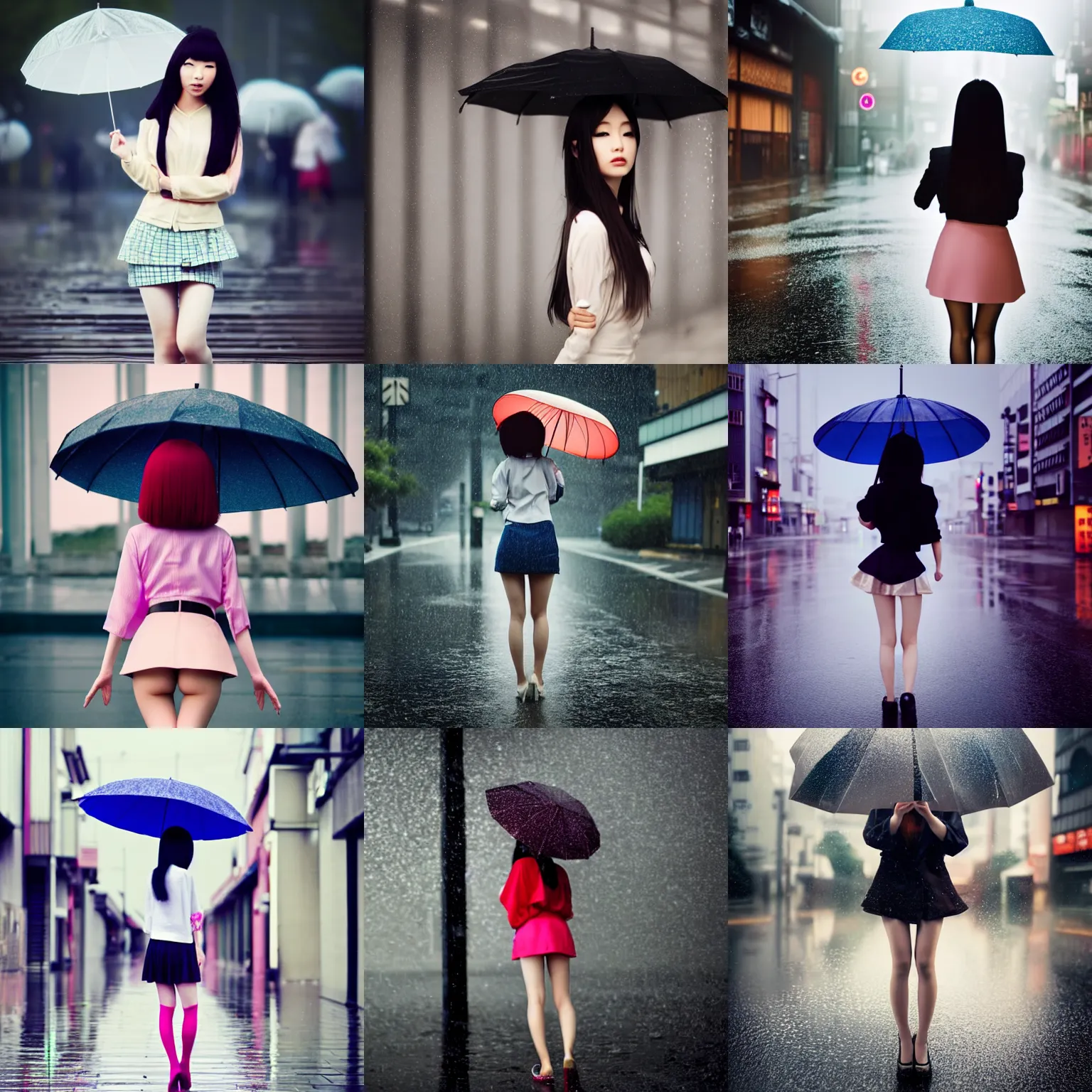 Prompt: a japanese model in short skirt on a rainy day, cinematic establishing shot, magical colours and atmosphere, perfect coherent composition, super realistic, professional photography 1 6 k