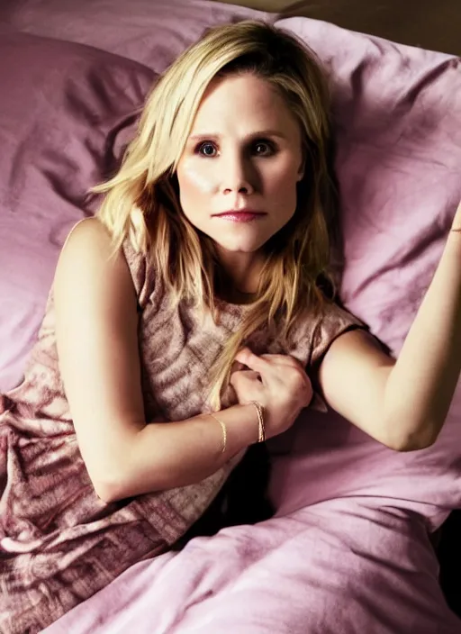 Image similar to through my eyes, first person view, my pov, kristen bell on my bed looking at me, on my bed