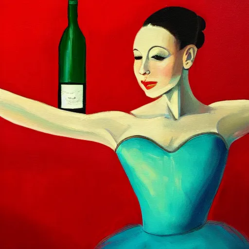 Image similar to painting of a ballerina in a teal room holding wine, red background