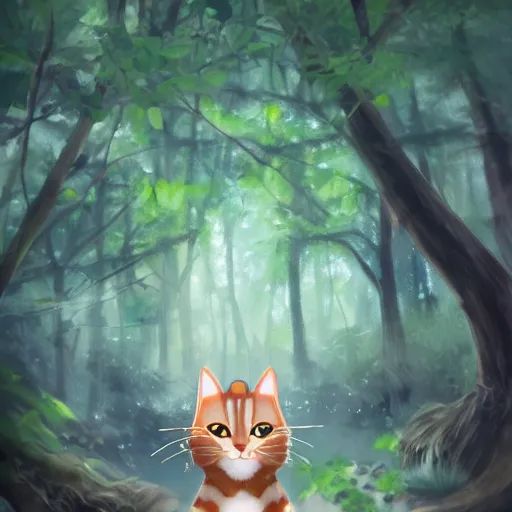 Prompt: portrait of a cat in a forest, by kawacy, trending on artstation, backlighting, sunlight, trending on furaffinity, bokeh