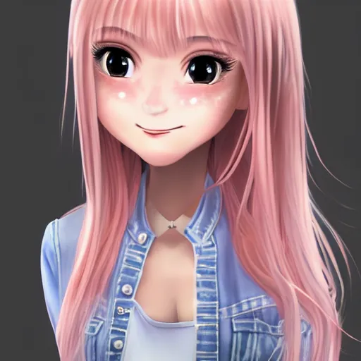 Image similar to Render of Nikki from Shining Nikki Dress-Up Game, a cute 3D young woman, long light pink hair, full bangs, full round face, hazel amber eyes, pale skin, cute freckles, light blush, Chinese heritage, smiling softly, wearing casual clothing, interior lighting, cozy living room background, medium shot, mid-shot, hyperdetailed, trending on Artstation, Unreal Engine 4k