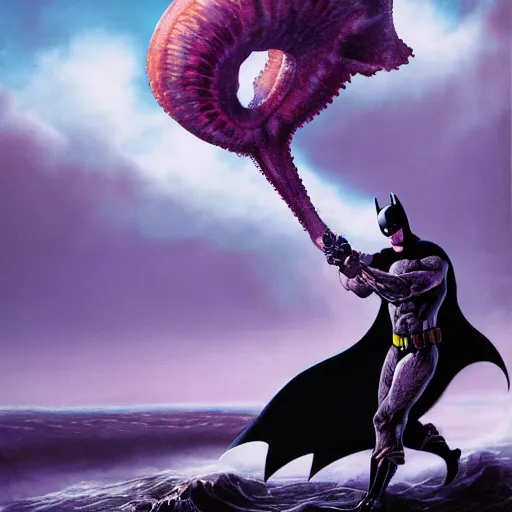 Prompt: batman fighting squid monsters, superman flying, by Wayne Barlowe, cinematic, hyper realism, high detail, octane render, 8k, minimalistic, hyperrealistic surrealism, award winning masterpiece with incredible details, a surreal vaporwave liminal space, highly detailed, trending on ArtStation