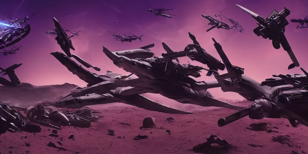 Prompt: neoteric depiction of a battlefield with horses riding drones and militarized turtles, weapon design by zaha hadid, y 2 k aesthetic, dark purple background, chesley bonestell, 4 k