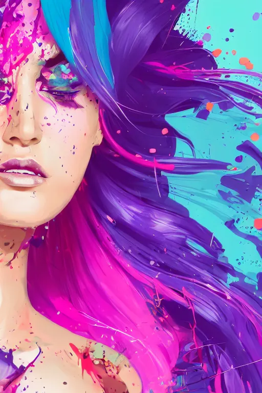 Image similar to a award winning half body portrait of a beautiful woman in a croptop and cargo pants with ombre purple pink teal hairstyle with head in motion and hair flying by artgerm, paint splashes, splatter, outrun, vaporware, shaded flat illustration, digital art, trending on artstation, highly detailed, fine detail, intricate