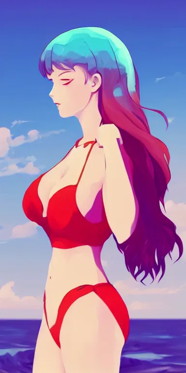 Image similar to redhead 👩👙😘 🏖🌊🌅 digital painting, anime inspired, clean cel shaded vector art. shutterstock. behance hd by lois van baarle, artgerm, helen huang, by makoto shinkai and ilya kuvshinov, rossdraws, illustration, art by ilya kuvshinov