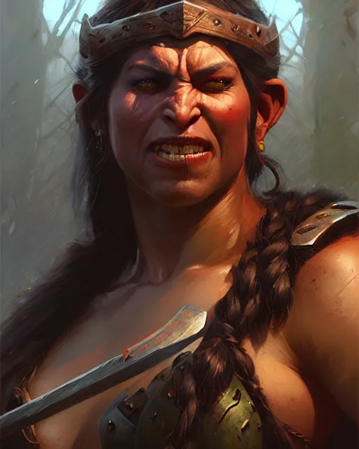 Image similar to a female orc barbarian | | realistic shaded, fine details, realistic shaded lighting poster by greg rutkowski, magali villeneuve, artgerm, jeremy lipkin and michael garmash and rob rey