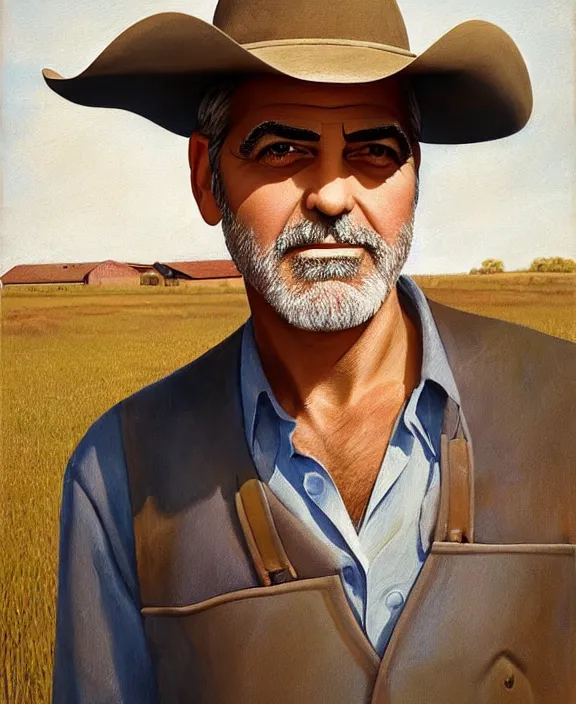 Prompt: portrait of george clooney as a rural texas rancher, art by denys tsiperko and bogdan rezunenko and julian onderdonk, hyperrealism