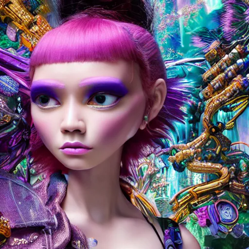 Image similar to Ethereal, mysterious stunning maximalist mesmerizing cyberpunk Dora The Explorer from the rainbow sky paradise, high-tech, professional high fashion model photo shoot, hyperdetailed by Mark Ryden and artgerm and Hiroyuki-Mitsume Takahashi, close-up 35mm macro shot, hyperrealism, 8k resolution 3D, cinematic, dynamic lighting, octane render, unreal engine 5