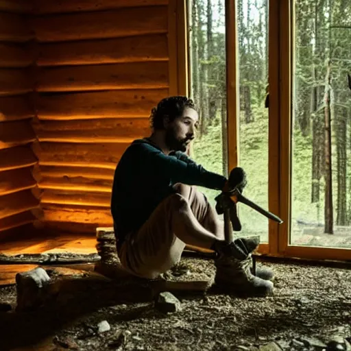 Image similar to shia labeouf in a cabin siting down, sharping an axe at a grind stone, dark interior, horror movie, far away, outside is forest, light out side shinning into window