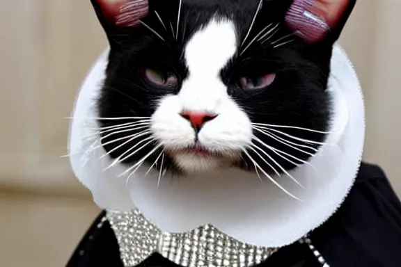 Prompt: a black and white cat dressed up as queen elizabeth