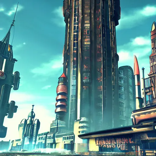 Image similar to beautiful scary futuristic city in the style of a bioshock infinite screenshot