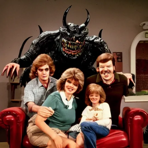 Prompt: vintage 1 9 8 0's sitcom publicity photo, a happy photogenic family and a large giant evil demonic horrifying angry detailed monstrous demon creature inside a 1 9 8 0's sitcom living room