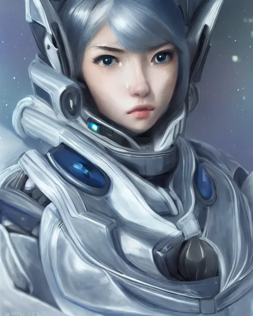 Image similar to detailed portrait of perfect android girl, warframe armor, beautiful face, scifi, futuristic, space station, laboratory, song hye - kyo, dreamy, long white hair, blue cyborg eyes, cinematic lighting, innocent, highly detailed, sharp focus, smooth, artstation, intricate, award winning, pure aura, divine, by akihiko yoshida