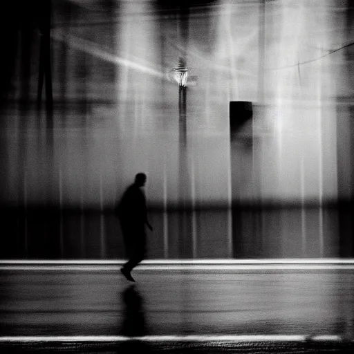 Image similar to an abstract photograph of a lonely male shadowy figure, he is dancing, there is a dark street, it is flooded with water, long exposure, motion blur, 35mm, black-and-white