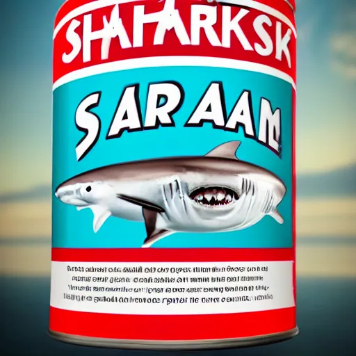 Prompt: Can of Shark SPAM, high quality photo advertisement with legible writing