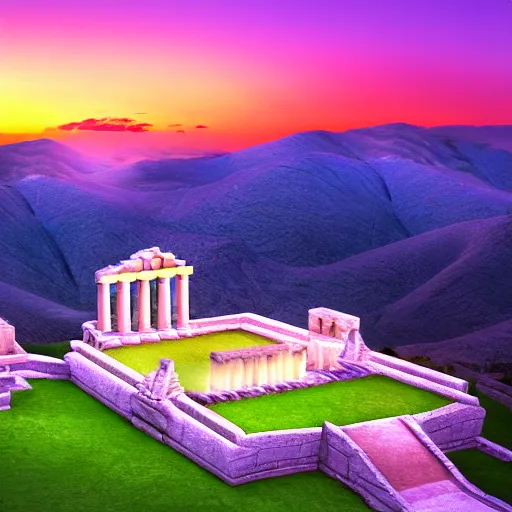 Prompt: professional photo similar to greek temple and hills level of sonic the hedgehog, by discovery magazine, pink sunset, real life, photorealistic, soft focus, long exposure