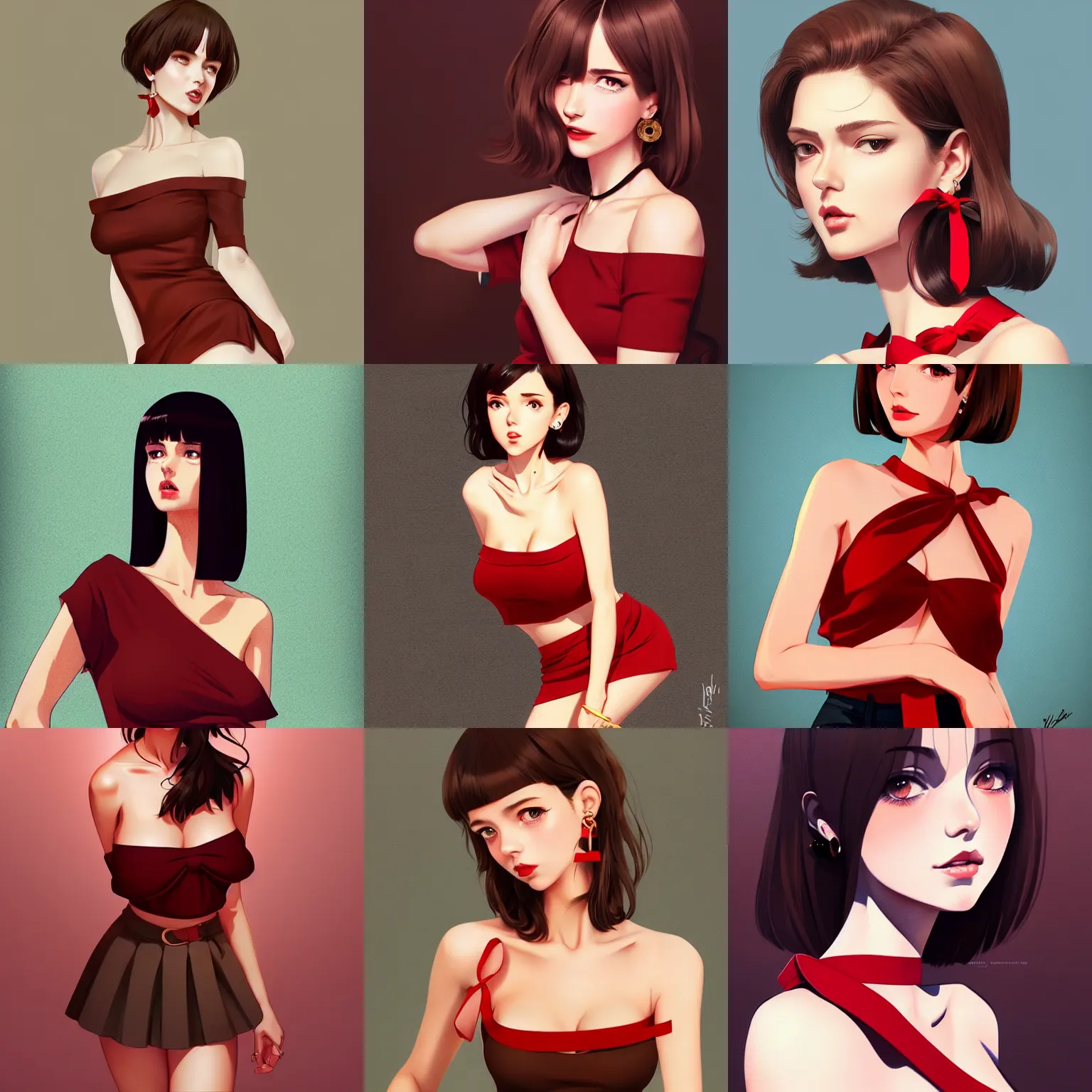 Prompt: sexy girl in a low cut blouse and short skirt, seductive pose, shoulder-length brown hair, red ribbon, cute earrings. highly detailed, digital painting, in the style of ilya kuvshinov and artgerm, high definition digital art