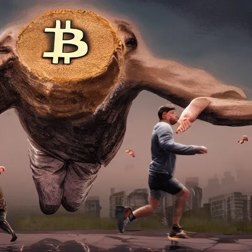 Image similar to people running away scared from a giant with bitcoin head, cinematic, comic art, hyper-realistic, cryptocurrency, 8k