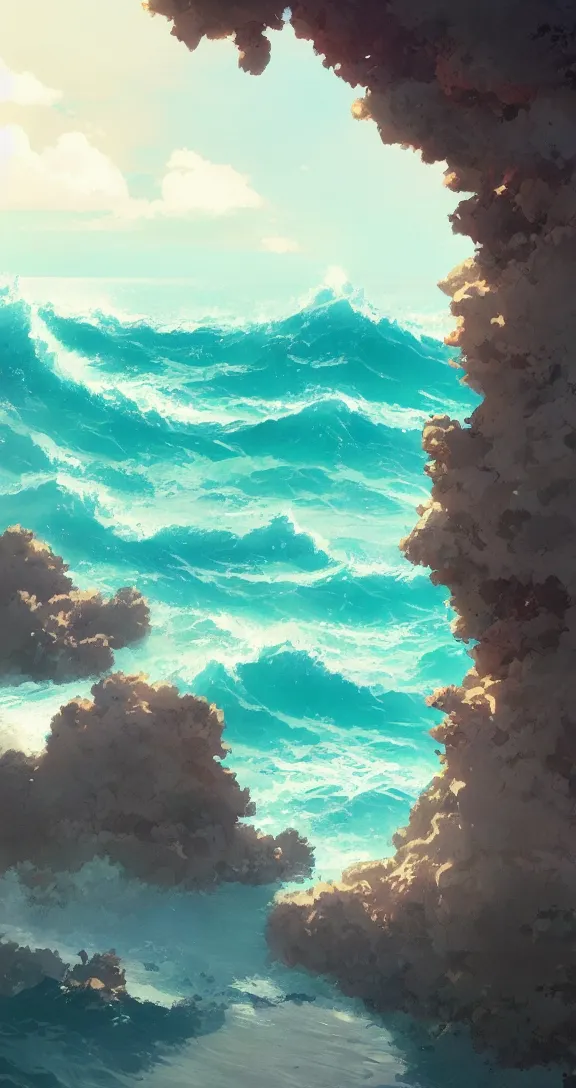 Image similar to Looking out at the waves, lots of ocean, uncluttered, tropical, bright, simple, by Studio Ghibli and Greg Rutkowski, artstation