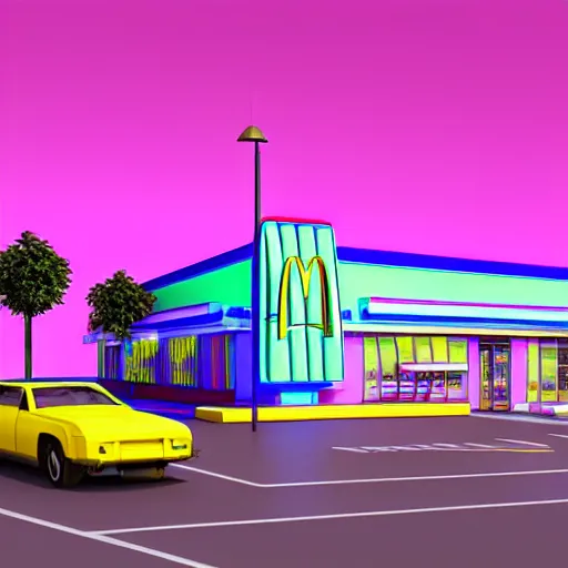 Prompt: 80s vaporwave outrun 3d Render of a mcdonalds, liminal space retro, grainy, noisy