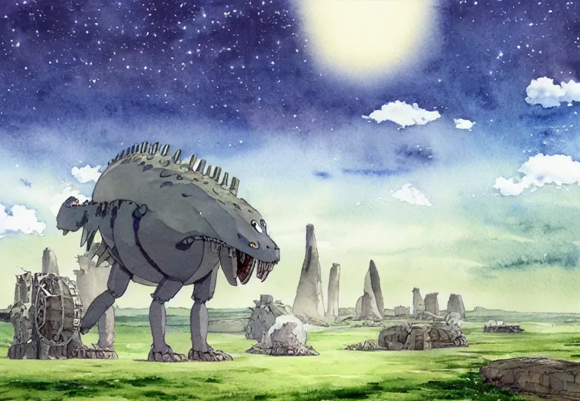 Image similar to a hyperrealist watercolor concept art from a studio ghibli film showing a giant grey mechanized prehistoric creature from howl's moving castle ( 2 0 0 4 ). stonehenge is under construction in the background, in the rainforest on a misty and starry night. by studio ghibli. very dull muted colors