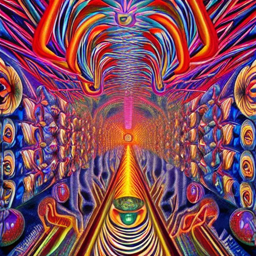 Image similar to A mysterious, psychedelic room. Award-winning artwork by Alex Grey