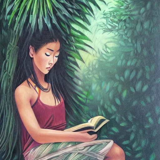Prompt: a girl in a jungle with a book, her hair flowing down, subtle, intricate details, dynamic pose, real masterpiece, oil on canvas, by somsak anong