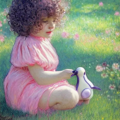 Prompt: a beautiful [[[smiling]]] little blonde toddler girl with short loosely curly hair, at the park on a beautiful day, holding a round all-pink stuffed penguin, by Artgerm, Mucha Klimt, Hiroshi Yoshida and Craig Mullins, featured on Artstation, CGSociety, Behance HD, Deviantart