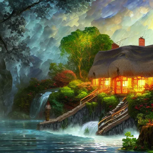 Prompt: cottage on waterfall cryengine render by android jones, james christensen, rob gonsalves, leonid afremov and tim white