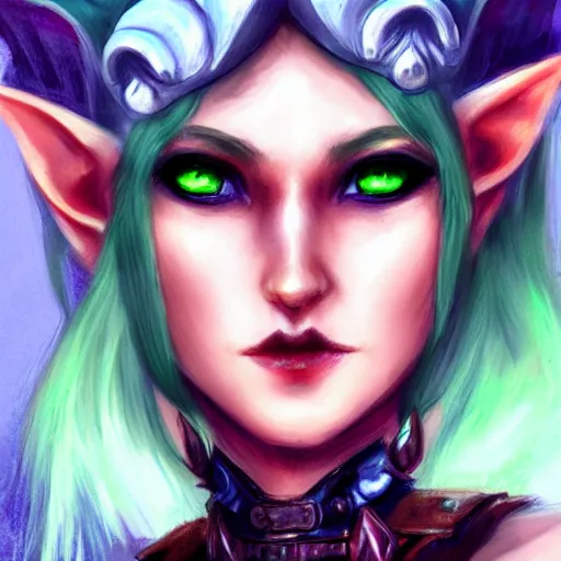 Prompt: a close up of a green haired elf person with blue eye with a horns crown red lips and wearing light armour, concept art by Lü Ji, trending on Artstation, fantasy art, official art, detailed painting, artstation hd