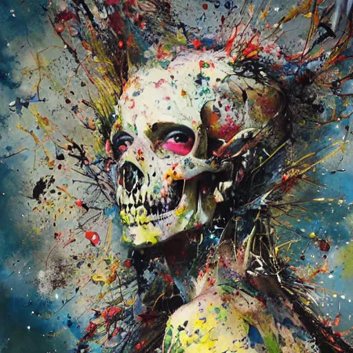 Prompt: a splattered action painting by jackson pollock showing a skull, ultradetailed, fine art painting, peter mohrbacher, moebius, female portrait, frottage, watercolor, acrylic, multilayered paint, spectacular splatter explosion, psychedelic art