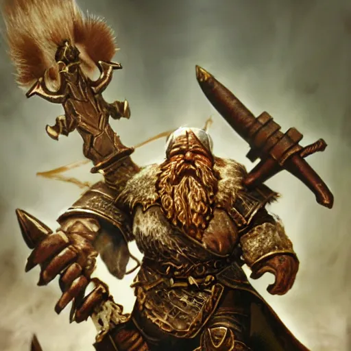 Image similar to a fantasy cinematic close up shot of a dwarf berserker, warhammer, dnd, last stand