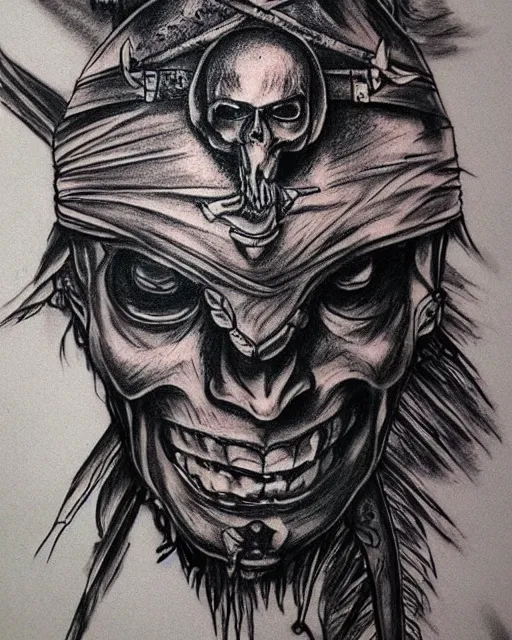 Image similar to pirate ship on a deserted island blended with a warrior warrior face, realism tattoo drawing, hyper realistic, shaded